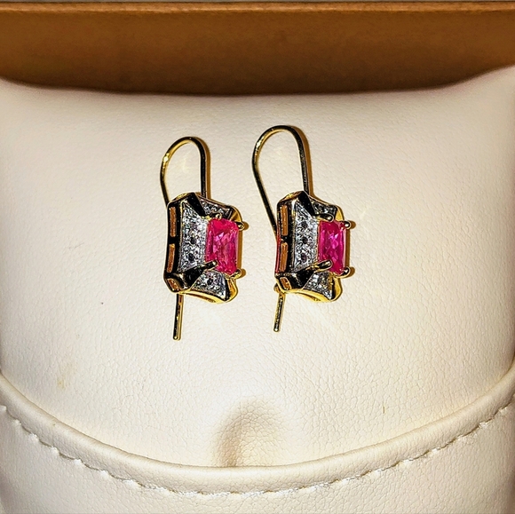 14K GOLD VERMILE 1ct NATURAL PINK EMERALD CUT SAPPHIRE EARRINGS LATCH BACK - Picture 10 of 15